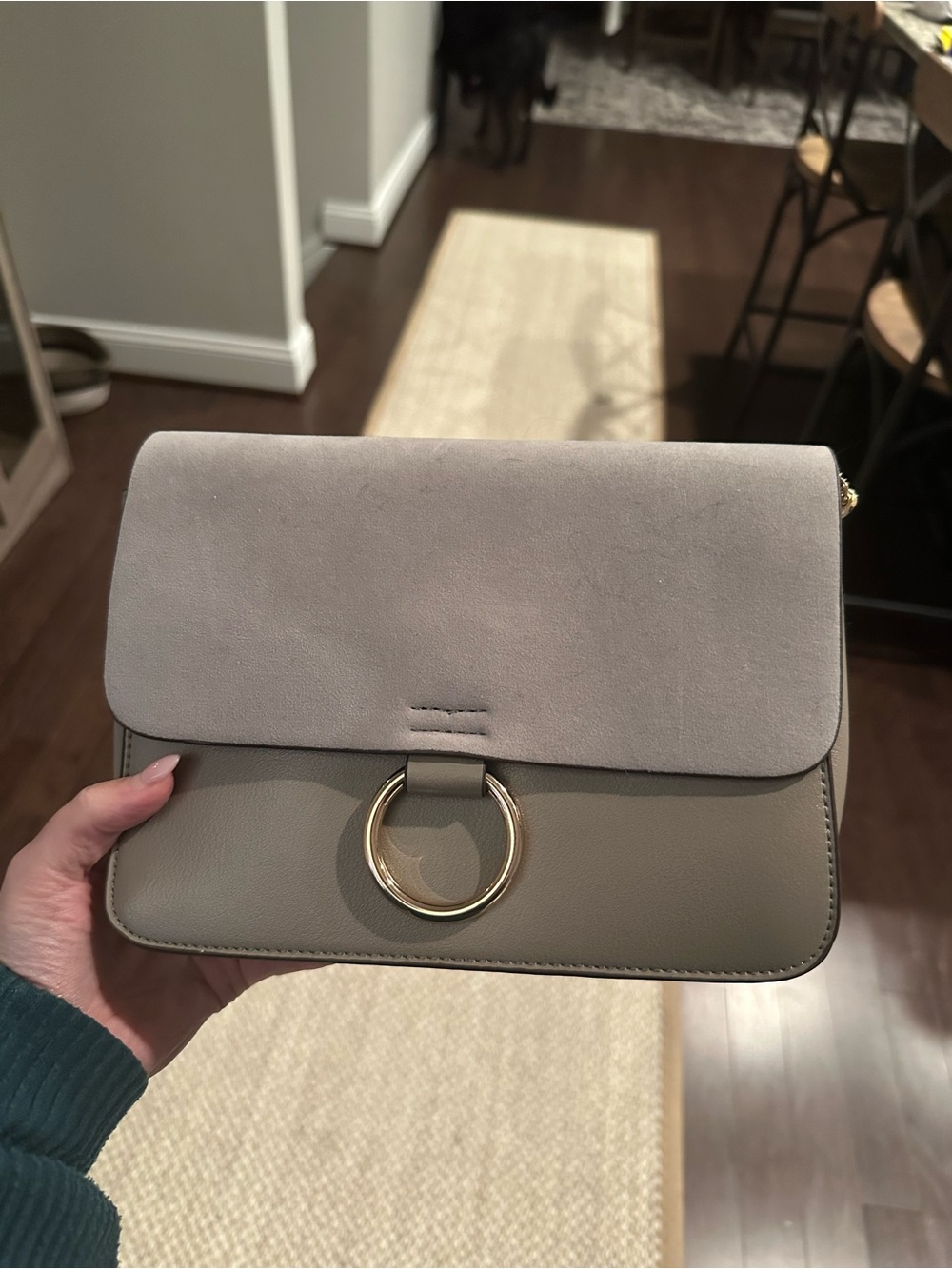 Grey Suede-Top Crossbody Bag with Gold Ring Accent